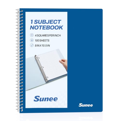SUNEE Spiral Notebook, 1-Subject, Graph Ruled Paper, 8" x 10-1/2", 100 Sheets per Notebook, 3-Hole Punched Paper, Water Resistant Cover, Spiral Grid Notebooks for Work, Home, School, Dark Blue - color: Dark Blue