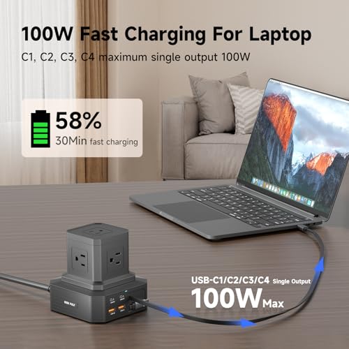 Charging Station (100W), 11-in-1 USB C Power Strip with Surge Protection, 6.6Ft Extension Cord, 4 USB C and 2 USB A Ports, 5 AC Outlets for Home Office Dorm Room - size: Retractable-Deck