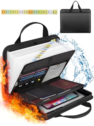 onvvippiv Important Document Organizer Folio Accordion File Organizer | Fireproof Expanding File Folder Storage Box with Zipper Labels 13 Pockets for Business Office Receipt Travel - color: Black, style: Classic