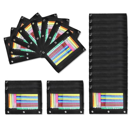 24 Pack Pencil Pouch for 3 Ring Binder, Clear Pencil Case Bulk with Smooth Zipper, Clear Window Pencil Bag for School, Classroom, Office, Jewelry, and Cosmetic, Black