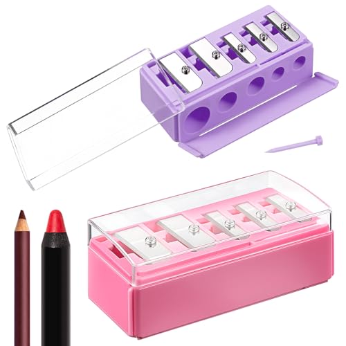 Honoson 2 Pcs 5 Hole Cosmetic Long Point Manual Pencil Sharpener with Plastic Lid Makeup Eyeliner Pencil Sharpener (Pink Purple) - color: Pink Purple