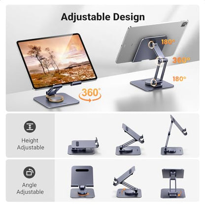 UGREEN Tablet Stand for Desk Swivel with 360° Rotating Base Tablet Holder Aluminum Portable Stand Adjustable Home Office Accessories Compatible with iPad Pro 11 Air Mini 6 5 Grey