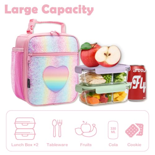 FlowFly Kids Lunch box Insulated Soft Bag Mini Cooler Back to School Thermal Meal Tote Kit for Girls, Boys, Glitter-RainBow - color: Glitter-RainBow