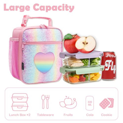 FlowFly Kids Lunch box Insulated Soft Bag Mini Cooler Back to School Thermal Meal Tote Kit for Girls, Boys, Glitter-RainBow - color: Glitter-RainBow