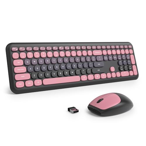Wireless Typewriter Keyboard and Mouse Combo Retro 104 Key Full Size Office Set sea Blue Keyboard with Silent Round Keycaps, Ideal for Laptop and Desktop PCs, Cute Design. - color: Gradient Berry powder
