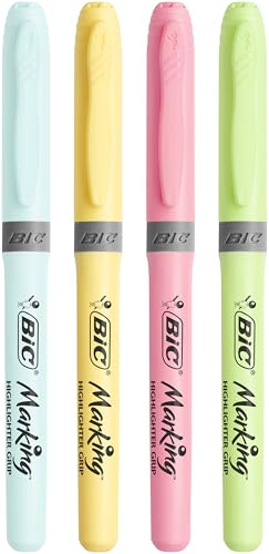 BIC Highlighter Grip Pastel, Highlighter Pens with Adjustable Chisel Tip, Rubber Grip for Extra Comfort, Assorted Colours, Pack of 6