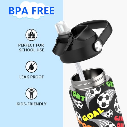 Boys Soccer Water Bottle with Straw,18 oz Kids Insulated Cups with Stainless Steel Leak Proof for School,Sport&Travel（Soccer） - color: A13.Football
