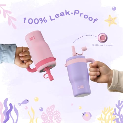 OISIZ 14oz Kids Tumbler with Straw Lid & Handle,Kids Cup with Animal Accessory for School,Kids Water Bottles with Dust-proof Cover,Leakproof Water Bottles,316 Stainless Steel,Keep Cold 24 Hours-purple - color: pearl purple