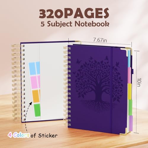 QIYVLOS Hardcover Spiral Notebook, B5 Journal with Removable Dividers Tabs, 5 Subject Notebook College Ruled, 320 Pages 8"x10" Leather Notebooks for Work School Study, Lined Journal for Women, Purple - color: B5/Purple