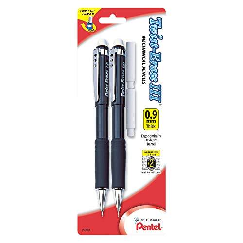 Pentel Twist-Erase III Mechanical Pencil, (0.9mm), Assorted Barrel Colors with 2 Eraser Refills, Pack of 2 (QE519BP2-K6) - size: 1 Count (Pack of 1)