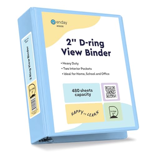 Enday 2 Inch Binder, Blue - 2 Inch 3 Ring Binder, D-Ring Pastel with Clear View Cover for Letter Size 8.5 x 11'' Paper & 2 Inside Pockets, Ideal for School Supplies, Office, and Home - color: Blue, size: 2-Inch