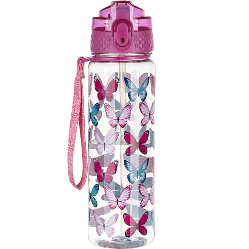 OLDLEY 17oz Kids Water Bottle, Tritan BPA-Free, Leakproof Flip Straw Lid, Motivational Time Marker, Carry Strap, Reusable Clear Water Bottle for Boys & Girls,Colorblock Butterflies - color: Colorblock Butterflies, style: 17 Ounces