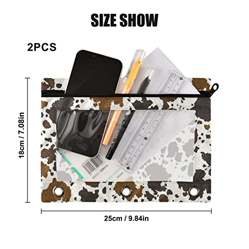 Kcldeci Pencil Pouch for 3 Ring Binder, Cowhide Leather 2 Pack Binder Pencil Pouch with Clear Window Pencil Bags with Zipper Pencil Case for Binder - color: C01