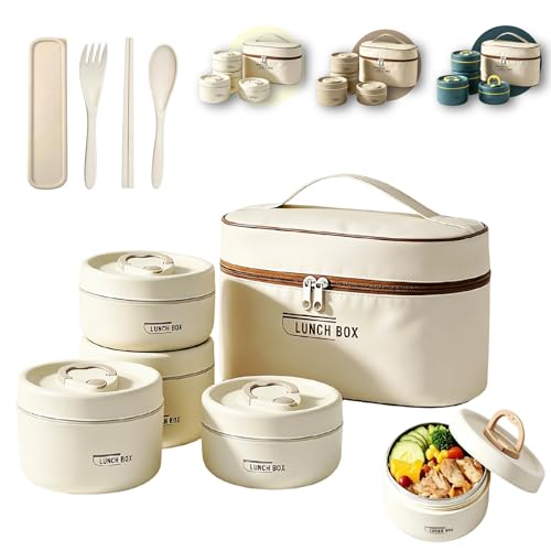 4 Tier Portable Insulated Lunch Container Set, Stackable Bento Box with Thermal Lunch Bag, Microwaveable Hot Food Container for Adults, Leakproof Thermal Food Container for Picnic, Work & Travel - color: Beige, size: 4 Tier