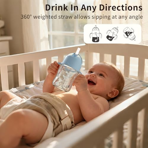 Evorie Tritan Weighted Straw Cup Baby Training Cup, Spill Proof, 7 Oz, 6M+ | BPA & BPS-Free, First learning cup, 360° drinking, Dishwasher safe, Durable Sippy Cup, Blue - color: Blue