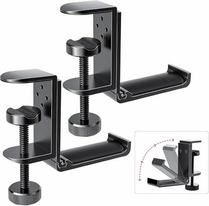 Kimiangel 2 Pack Headphone Stand Under Desk, Foldable Aluminum Headset Holder with Adjustable Screw Clamp, Headphone Hook Mount for Gaming Accessories, Space-Saving Under Table Headset Hanger