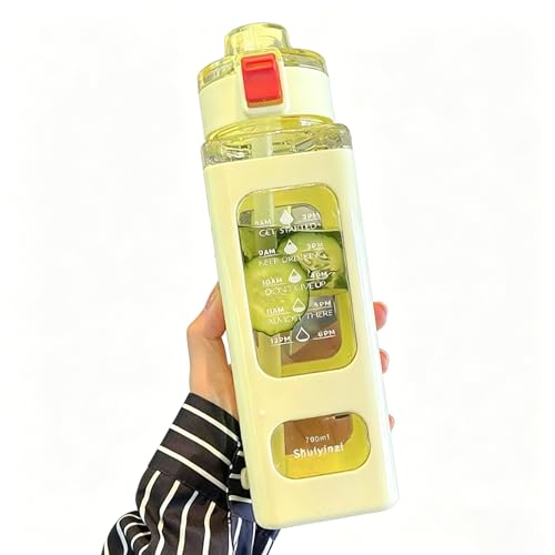 700ML Sports Water Bottle with Straw, Leakproof Bounce Cap Water Bottle with Time Marker, BPA Free Portable Square Water Bottle for Gym, School, Outdoor Activities (Yellow) - color: Yellow