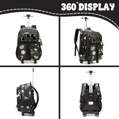 Rolling Backpacks for Boys School Backpacks with Wheels for Elementary Preschool Students Kids Travel Luggage Suitase for Boys Blake Football - color: B Black Football
