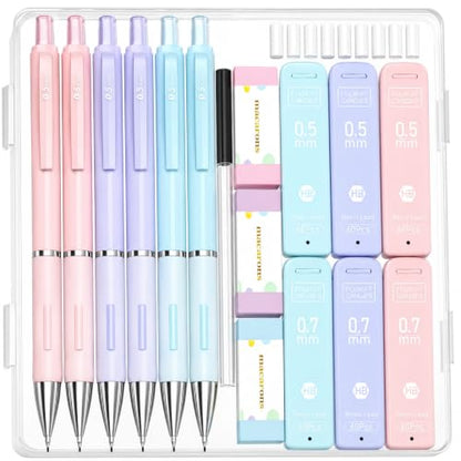 Four Candies Cute Pastel Mechanical Pencil Set, 0.5/0.7mm, 6 Pack | 360 Lead Refills, 3 Erasers, 9 Eraser Refills, Storage Case, Non-Slip Grip, Fine & Everyday Lines for Writing & Drawing - style: 0.5mm+0.7mm
