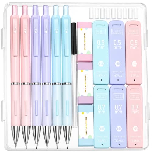 Four Candies Cute Pastel Mechanical Pencil Set, 0.5/0.7mm, 6 Pack | 360 Lead Refills, 3 Erasers, 9 Eraser Refills, Storage Case, Non-Slip Grip, Fine & Everyday Lines for Writing & Drawing - style: 0.5mm+0.7mm