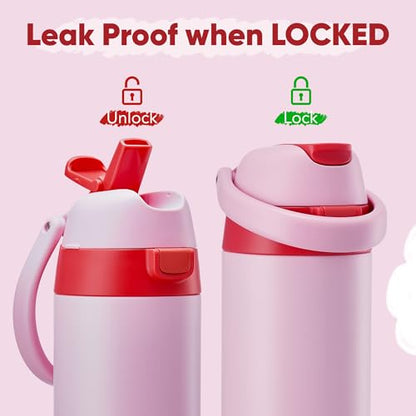 Fijinhom 12 oz Toddler Water Bottle with 2-in-1 Lid, 304 Stainless Steel Insulated Bottle, Kids Water Bottle for School Boys Girls, Leak-Proof Great for Sport, Travel & Gift, - color: Pink
