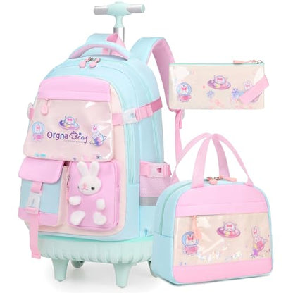 FIXITOK Rolling Backpack for Girls, Kawaii Bunny Roller Wheels School Backpacks with Lunch Bag Pencil case, Wheeled Suitcase Bookbag for Elementary Travel Aquamarine - color: Aquamarine
