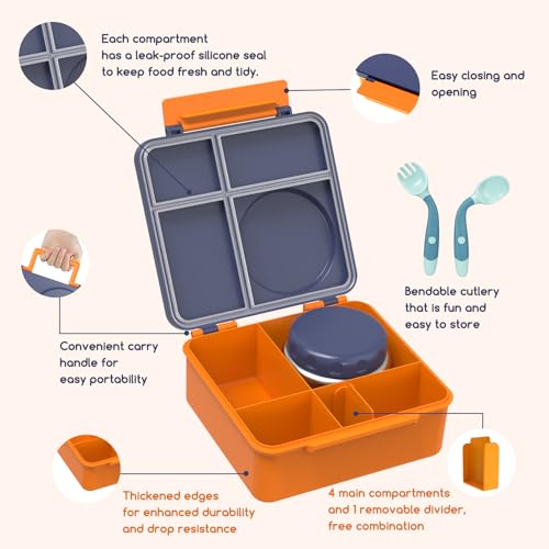 Bento Box for Kids - Leak-Proof Bento Lunch Box with Insulated Thermo Food Jar - 4 Compartments, 1 Removable Divider, 1 Spoon, 1 Fork - Dishwasher Safe, BPA-Free (Navy blue) - color: Navy Blue
