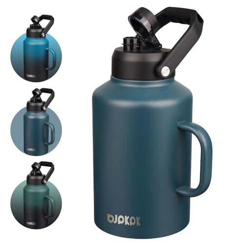 BJPKPK 1 Gallon Water Bottle with Handle, Large Dishwasher Safe 128oz Insulated Water Bottle, BPA Free Water Jug, Wide Mouth Metal Flasks with Anti-slip Bottom, Keep Cold & Hot,Navy Blue - color: Navy Blue, style: 128oz-Side Handle