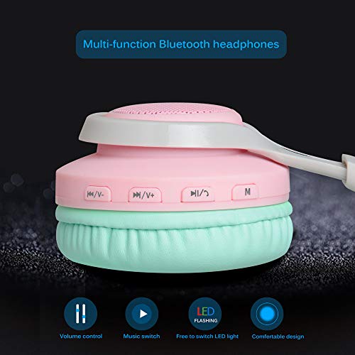 Riwbox WT-7S Bluetooth Headphones Light Up, Foldable Stero Wireless Headset with Microphone and Volume Control for PC/Tablet/TV/Travel (Pink Green) - color: PINK&GREEN
