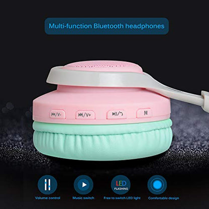 Riwbox WT-7S Bluetooth Headphones Light Up, Foldable Stero Wireless Headset with Microphone and Volume Control for PC/Tablet/TV/Travel (Pink Green) - color: PINK&GREEN