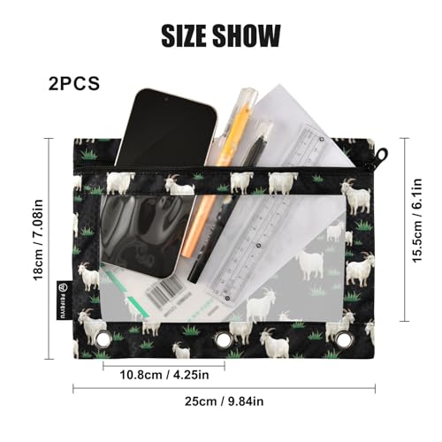 Goat Pencil Pouches for 3 Ring Binder, Zipper Binder Pencil Case, 2 Pack Clear Window Case Bag for Office Organizers - color: Goat