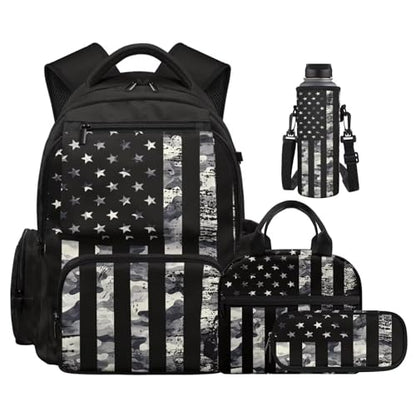 American Flag Camo Backpack and Lunch Box for Boys Backpacks with Lunchbox Water Bottle Pouch Kawaii Pencil Case Girls Bookbag Ages 8-10 for Back to School Teen Elementary Middle High School - color: American Flag Camo