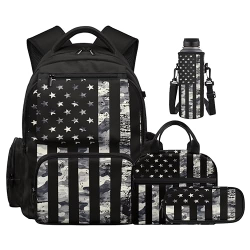 American Flag Camo Backpack and Lunch Box for Boys Backpacks with Lunchbox Water Bottle Pouch Kawaii Pencil Case Girls Bookbag Ages 8-10 for Back to School Teen Elementary Middle High School - color: American Flag Camo