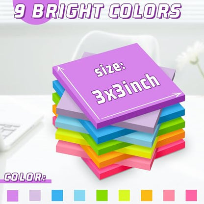3x3 Sticky Notes 36 Pads, 9 Bright Colors Self-Adhesive Memo Pads, Strong Adhesive, Perfect for Office Desk, Home Reminders, School, Notebooks - color: Bright Color