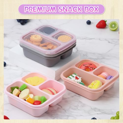 Honeydak 5 Pack Snack Containers 3 Compartment Bento Snack Boxes Divided Meal Prep Containers with Lids Reusable Adults Lunch Food Storage Box for School Work Travel(Pink Gray) - color: Pink Gray