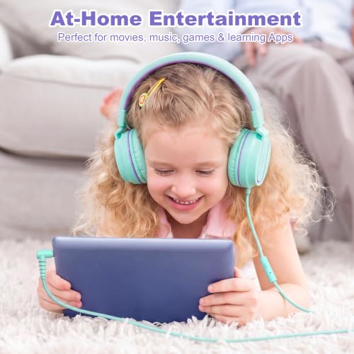 Kids Headphones, AILIHEN I35 On-Ear Headphones for School, 93dB HD Mic Stereo Headphone for Kid Girls Children, Foldable Wired 3.5mm for Chromebook, Laptop, Computer, Tablet (Green Purple) - color: Blue