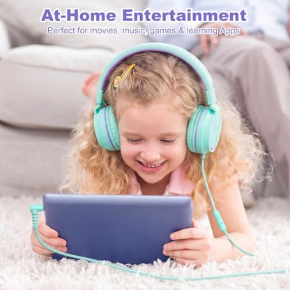 Kids Headphones, AILIHEN I35 On-Ear Headphones for School, 93dB HD Mic Stereo Headphone for Kid Girls Children, Foldable Wired 3.5mm for Chromebook, Laptop, Computer, Tablet (Green Purple) - color: Blue