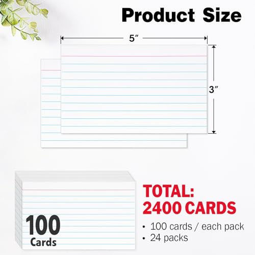 2400 PCS Index Cards Bulk，3x5 Flash Cards for Studying，White Notecards Lined， Ruled Index Cards for School, Home and Office, 100 Per Pack, (24 Pack) - color: 24P