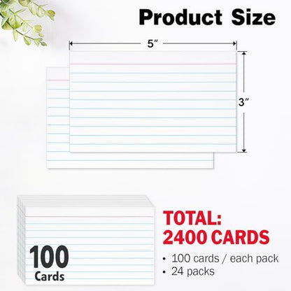 2400 PCS Index Cards Bulk，3x5 Flash Cards for Studying，White Notecards Lined， Ruled Index Cards for School, Home and Office, 100 Per Pack, (24 Pack) - color: 24P