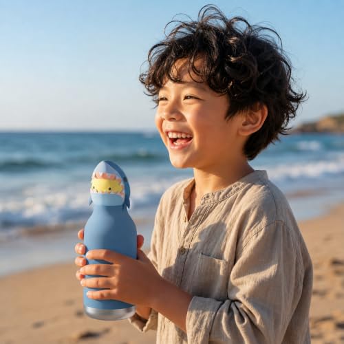 asobu Bestie Bottle Limited Edition Collectible Kids Water Bottle with Animal Character Lid 16oz (460ml) Insulated Stainless Steel, Leakproof, Reusable with Straw Fun Gift for Girls & Boys - color: HURLEY THE SHARK