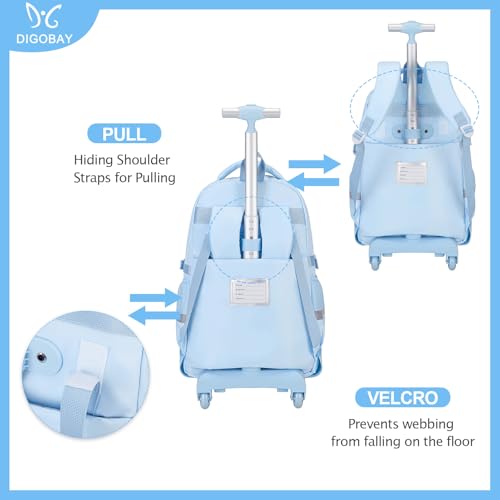 DIGOBAY Rolling Backpack for Girls, Roller School Bag with Wheels, Wheeled Backpacks with Lunch Bag Pencil case for Elementary School Bookbags with Cute Pins Blue - color: Blue