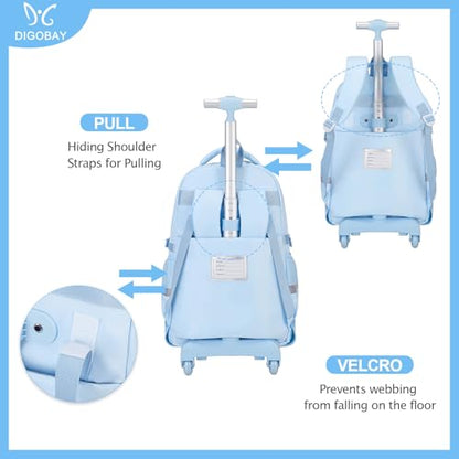DIGOBAY Rolling Backpack for Girls, Roller School Bag with Wheels, Wheeled Backpacks with Lunch Bag Pencil case for Elementary School Bookbags with Cute Pins Blue - color: Blue