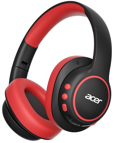 Acer OHR702 Kids Bluetooth Headphones for School with Built-in Mic,Over-Ear | 75H Playtime, Bluetooth 6.0, 3.5mm Jack Aux Cord, 85dBA Safe Volume, USB-C Fast Charging, for iPad/Travel/Tablet- Black Red - color: black red