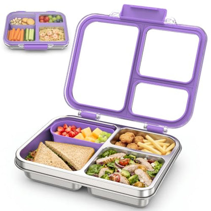 Stainless Steel Bento Box for Kids, 3-Compartment Metal Lunch Box with Clear Lid & Removable Silicone, Lunch Box Kids with Silicone Inner Container for Meal Prep, School, Office (Purple) - color: Purple