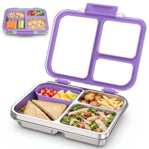 Stainless Steel Bento Box for Kids, 3-Compartment Metal Lunch Box with Clear Lid & Removable Silicone, Lunch Box Kids with Silicone Inner Container for Meal Prep, School, Office (Purple) - color: Purple