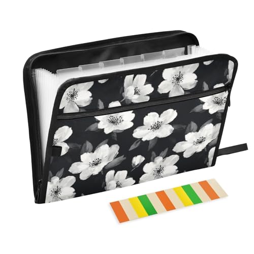 Black White Flowers Accordion File Organizer Expanding Document Folder with 13 Pockets Portable File Folder for A4 Letter Size - color: Black White Flowers, size: General