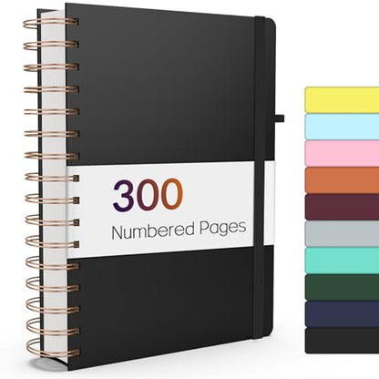 Forvencer Lined Spiral Journal Notebook with 300 Numbered Pages, A5 Thick Journals for Writing with 100GSM Paper, Hardcover Notebooks with Contents for Work, School, Women, Men, Black | College Ruled Thick Journals for Writing with 100GSM Paper, Hardcover
