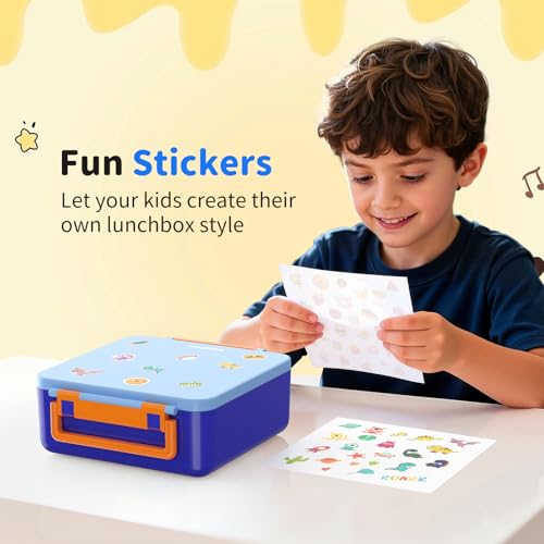 Bento Box for Kids, Lunch Box with Sticker and Leak-Proof Vacuum Food Jar, 4 Compartment BPA-Free Toddler Bento Box for School, Machine-Washable and Removable Compartments for Boy(Blue) - color: Blue