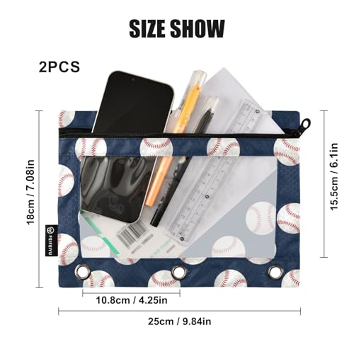 Baseball Pencil Pouches for 3 Ring Binder, Zipper Binder Pencil Case, 2 Pack Clear Window Case Bag for Office Organizers - color: Baseball 1