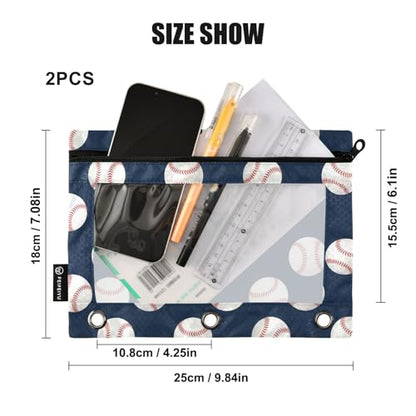 Baseball Pencil Pouches for 3 Ring Binder, Zipper Binder Pencil Case, 2 Pack Clear Window Case Bag for Office Organizers - color: Baseball 1